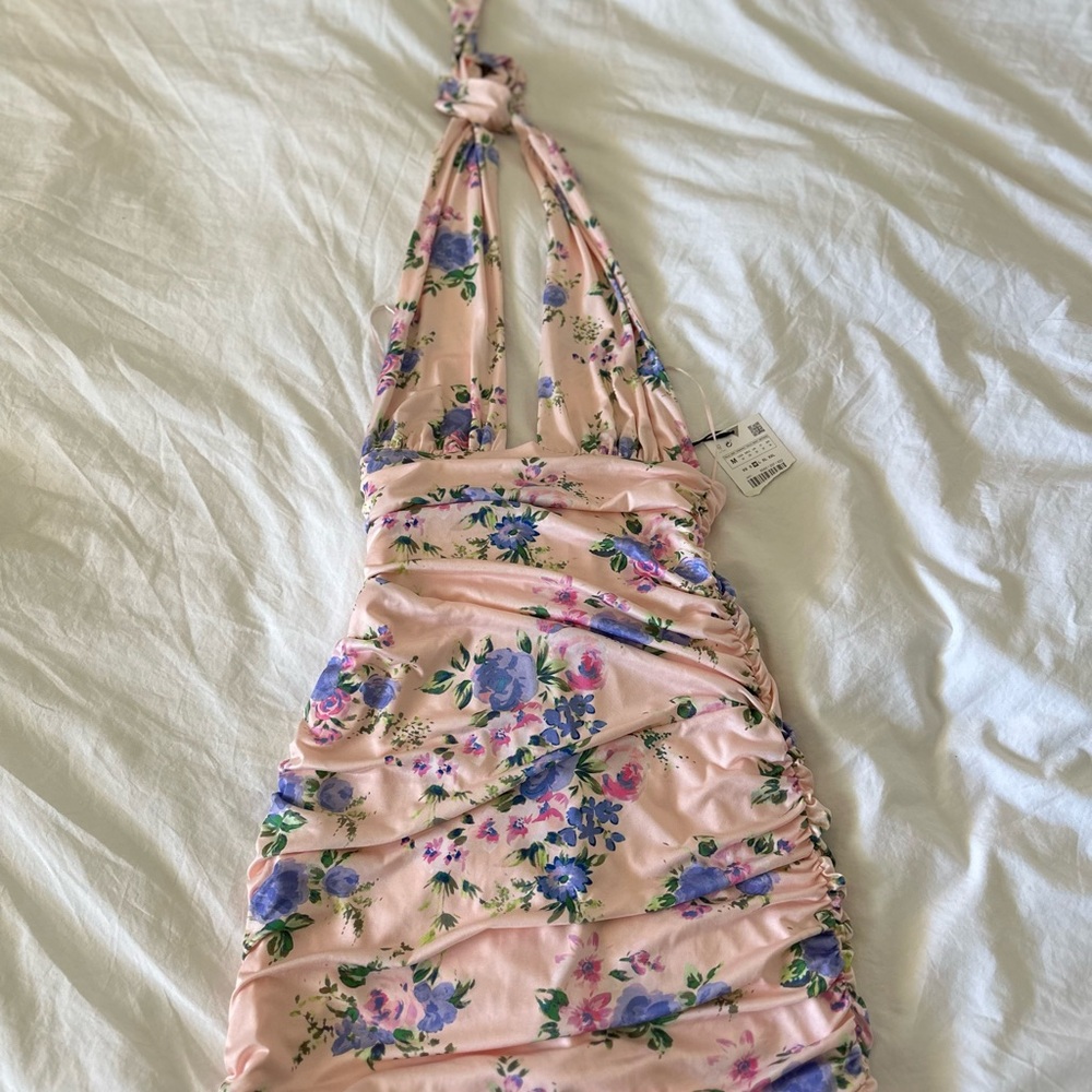 Zara BLOGGER’s FAVORITE Pink Floral Backless Ruched Sundress